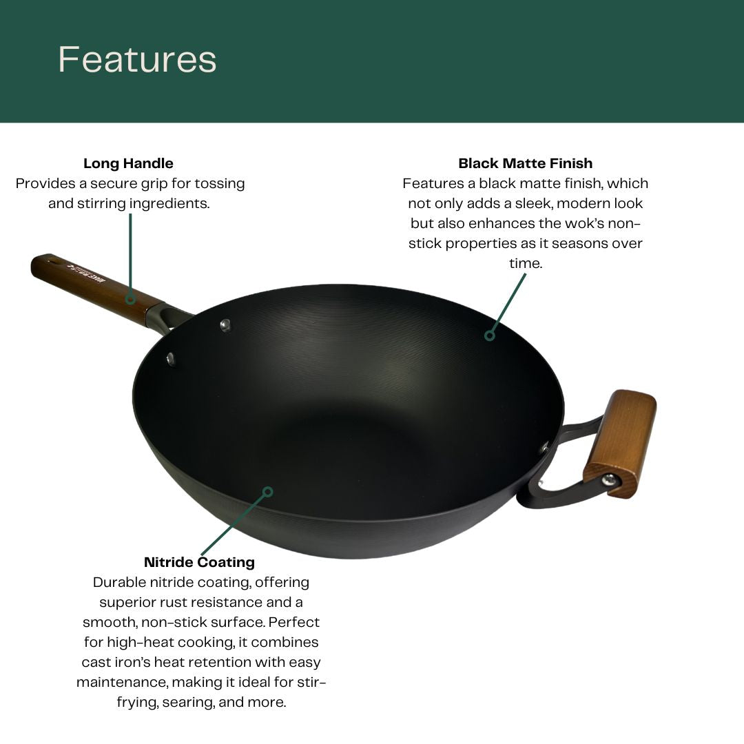 FeiFan Cast Iron Wok (34cm) with highlighted features: Long Handle, Black Matte Finish, Nitride Coating