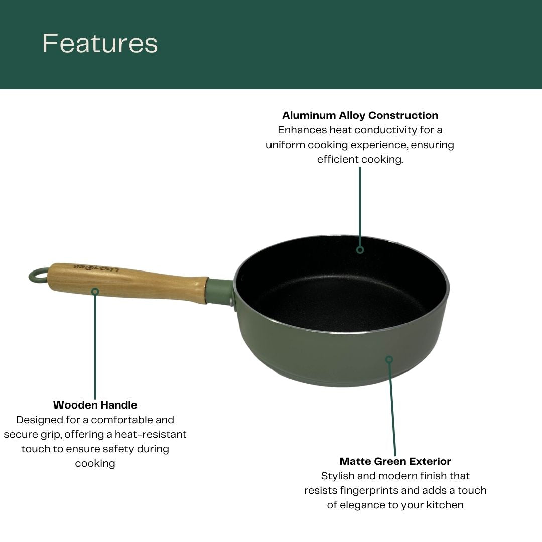 Green Aluminum Alloy Saucepan with highlighted features: matte green exterior, aluminum alloy construction and wooden handle.