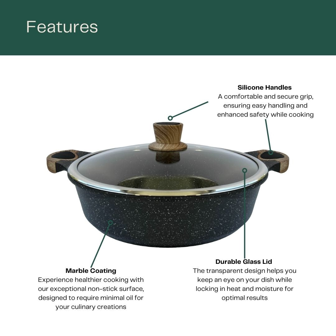 Honhey Non-Stick Shallow Pot (32cm) with highlighted features: silicone handles, marble coating and durable glass lid.