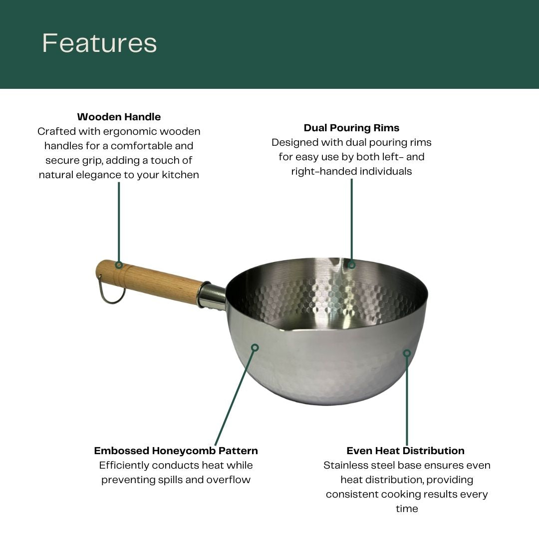 JZD Japanese Saucepan (18cm) features: a Wooden Handle, Dual Pouring Rims, Embossed Honeycomb Pattern and Even Heat Distribution.