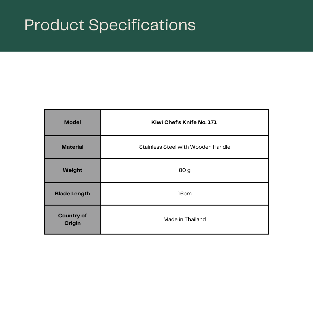 Product specifications for the Kiwi Chef's Knife No. 171, including its model, material, weight, blade length and country of origin.