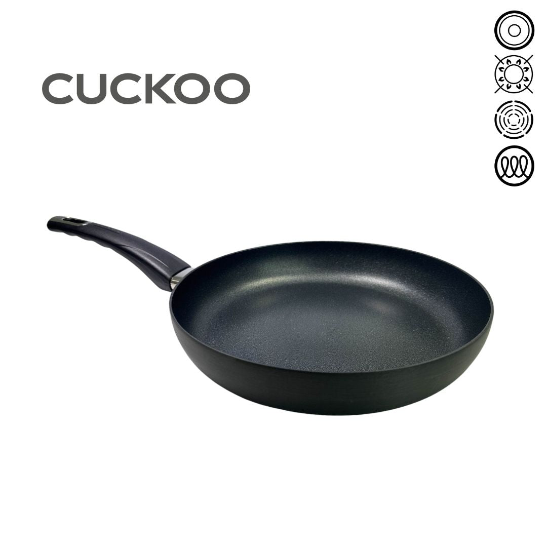 Sleek titanium fry pan with a black speckled finish and a long ergonomic handle displayed against a white background.