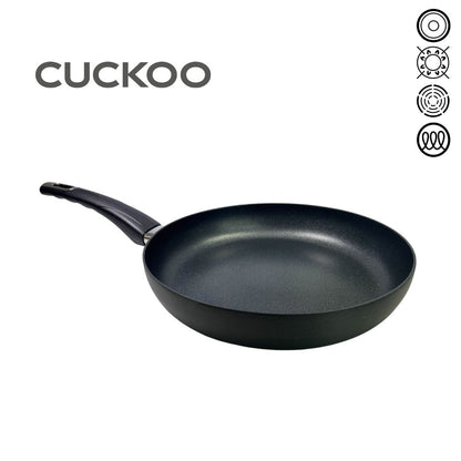 Sleek titanium fry pan with a black speckled finish and a long ergonomic handle displayed against a white background.