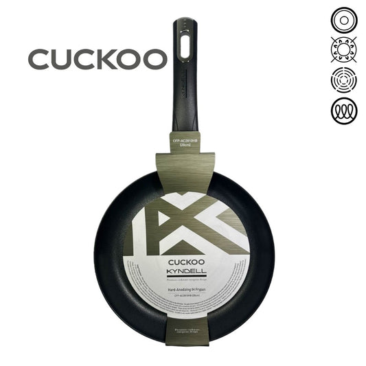 Titanium frypan with a non-stick coating with Cuckoo packaging displayed against a white background.