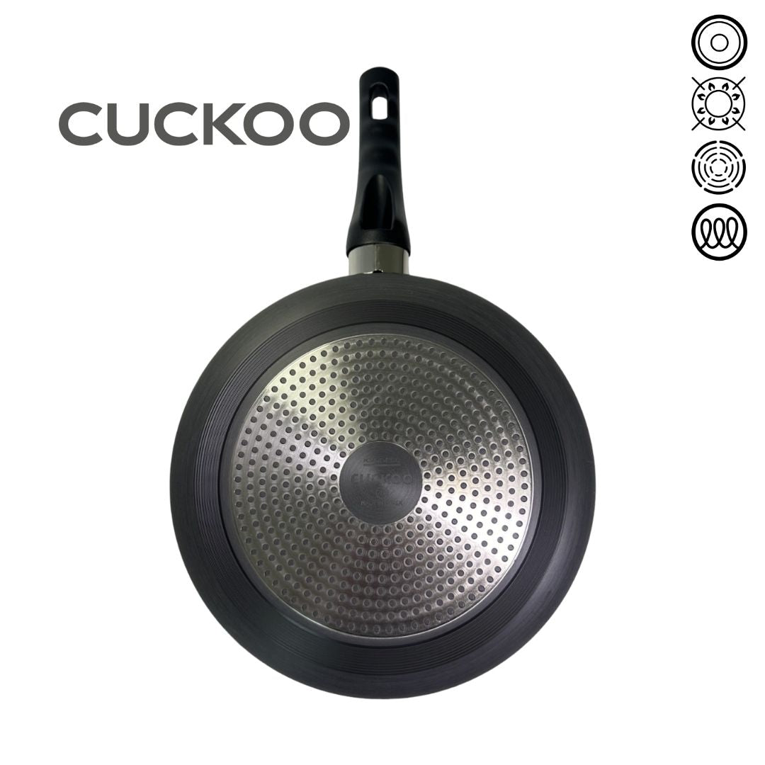 Bottom view of a titanium fry pan with a smooth, brushed metal surface and a concentric circular pattern laying against a white background.