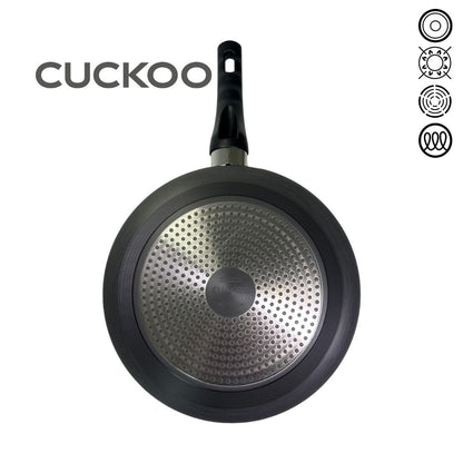 Bottom view of a titanium fry pan with a smooth, brushed metal surface and a concentric circular pattern laying against a white background.