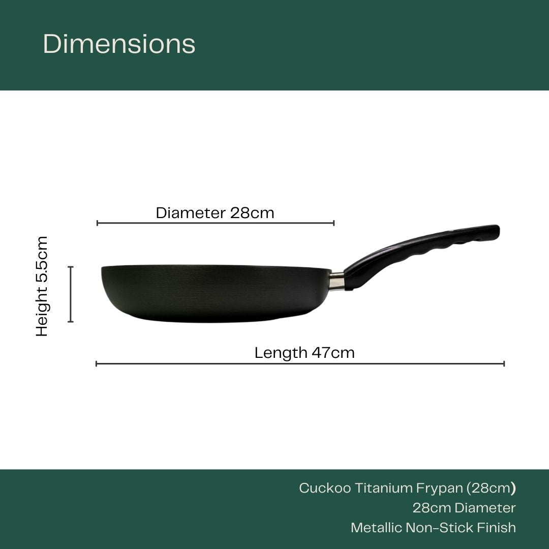 Side view of a titanium fry pan with a ruler indicating a 28cm diameter, 47cm length and 5.5cm height.