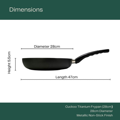 Side view of a titanium fry pan with a ruler indicating a 28cm diameter, 47cm length and 5.5cm height.