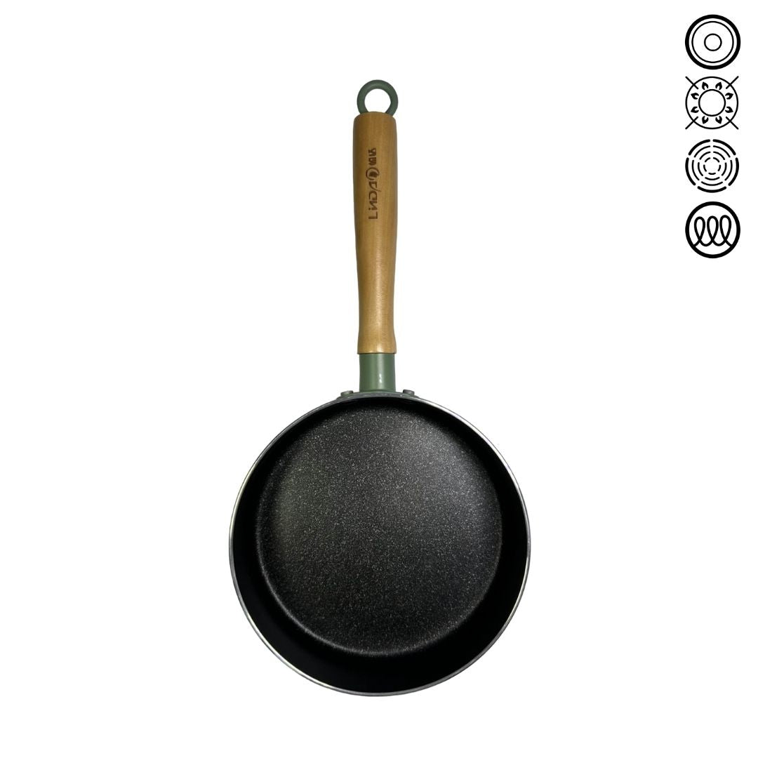Vibrant green saucepan with a rounded wooden handle, featuring a shiny enamel surface, against a white background.