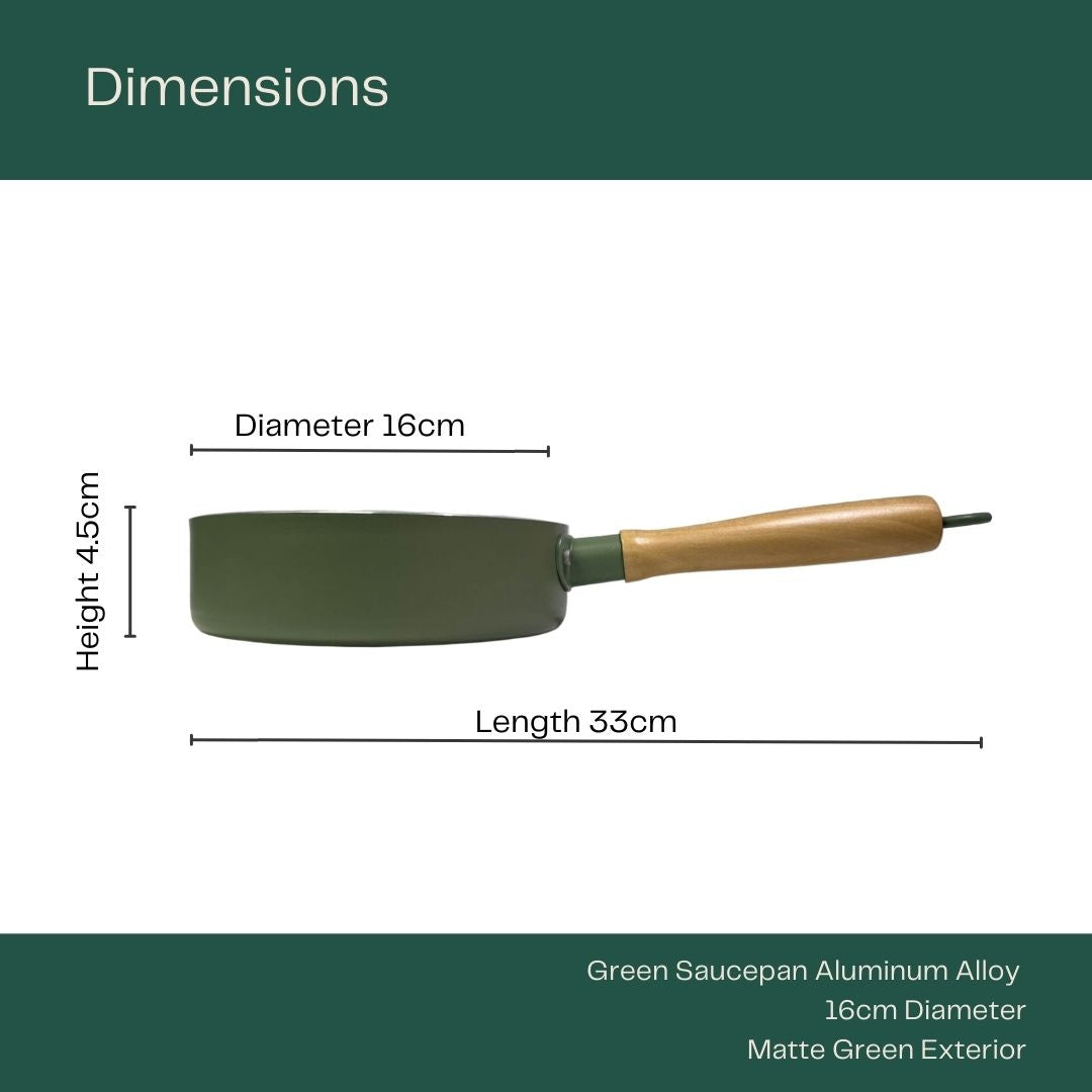 Green Aluminum Alloy Saucepan (16cm) with product specifications: 33cm length, 16cm diameter, 4.5cm height with a matte green exterior.