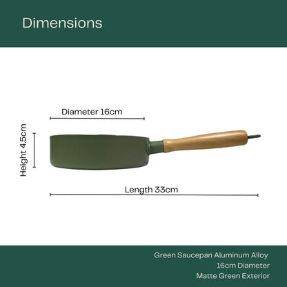 Green Aluminum Alloy Saucepan (16cm) with product specifications: 33cm length, 16cm diameter, 4.5cm height with a matte green exterior.