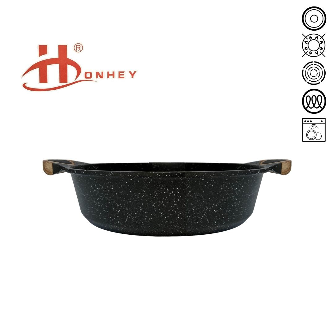 Shallow pot with a black speckled finish, showcasing wood-like silicone handles, placed on a plain background without a lid.