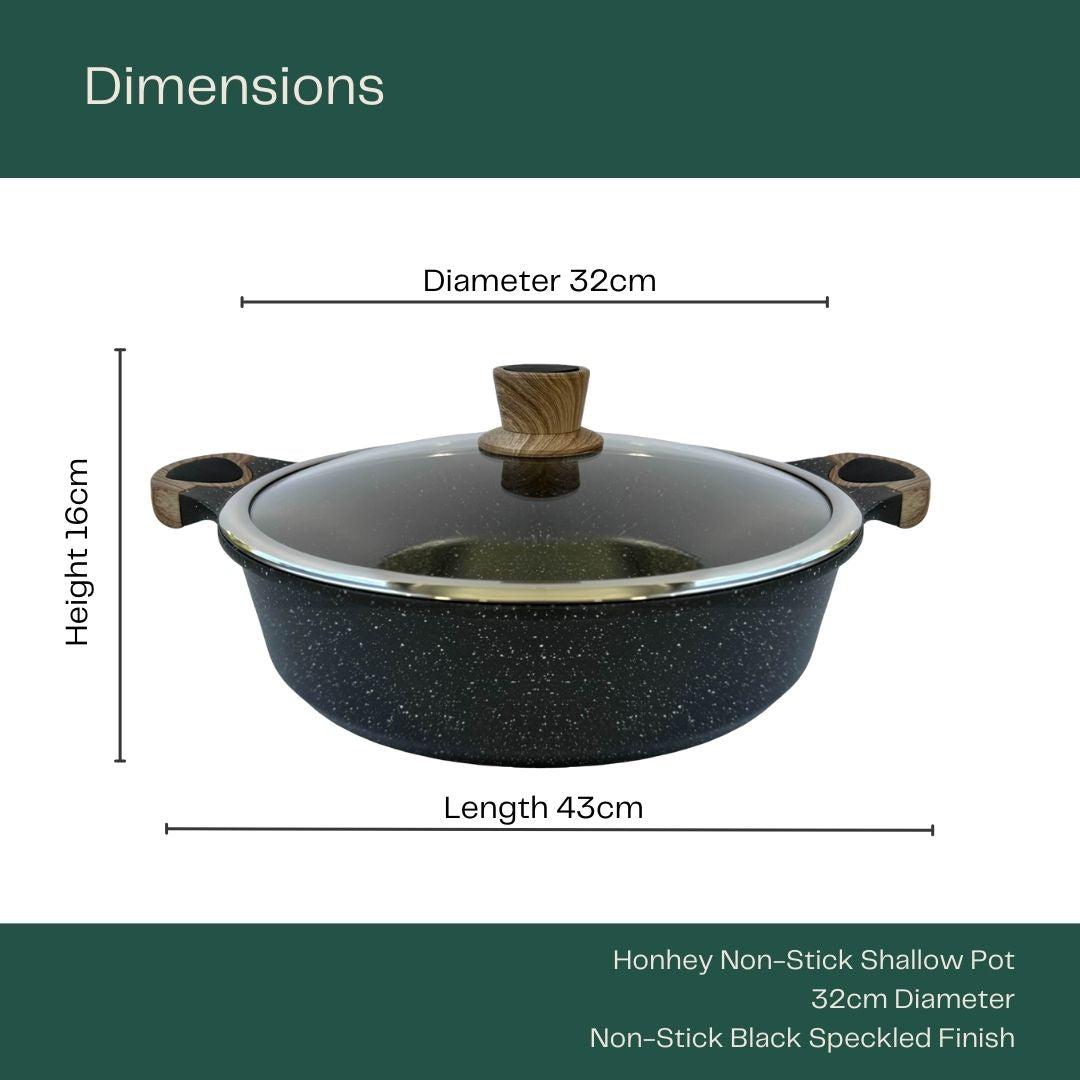 Honhey Non-Stick Shallow Pot (32cm) with product specifications: 32cm diameter, 43cm length and 16cm height.