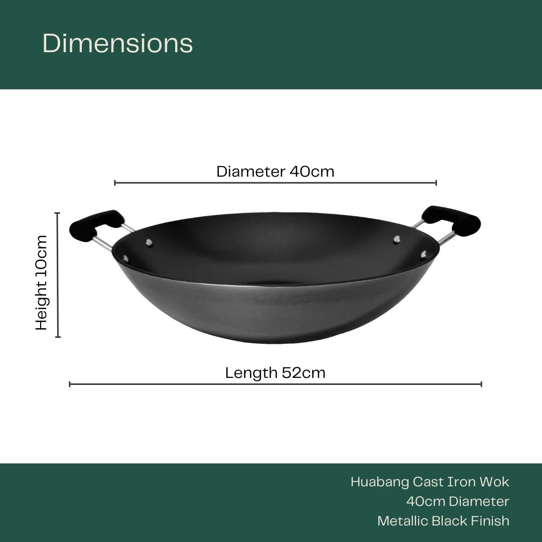 Huabang Cast Iron Wok (40cm) with product specifications: 52cm length, 40cm diameter and 10cm height.