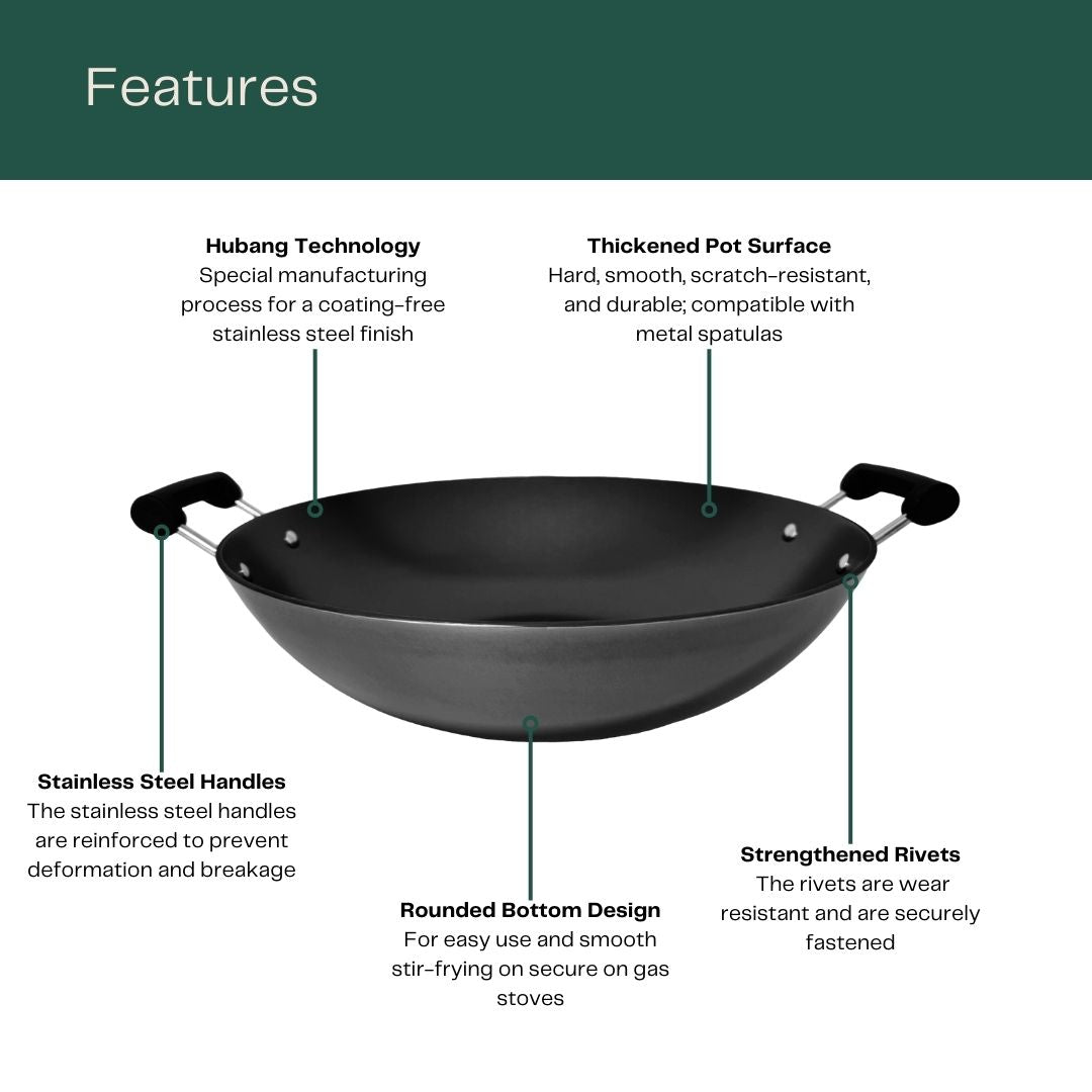 Huabang Cast Iron Wok (40cm) Features highlighted features: Huabang Technology, Thickened Pot Surface, Stainless Steel Handles, Rounded Bottom Design and Strengthened Rivets.