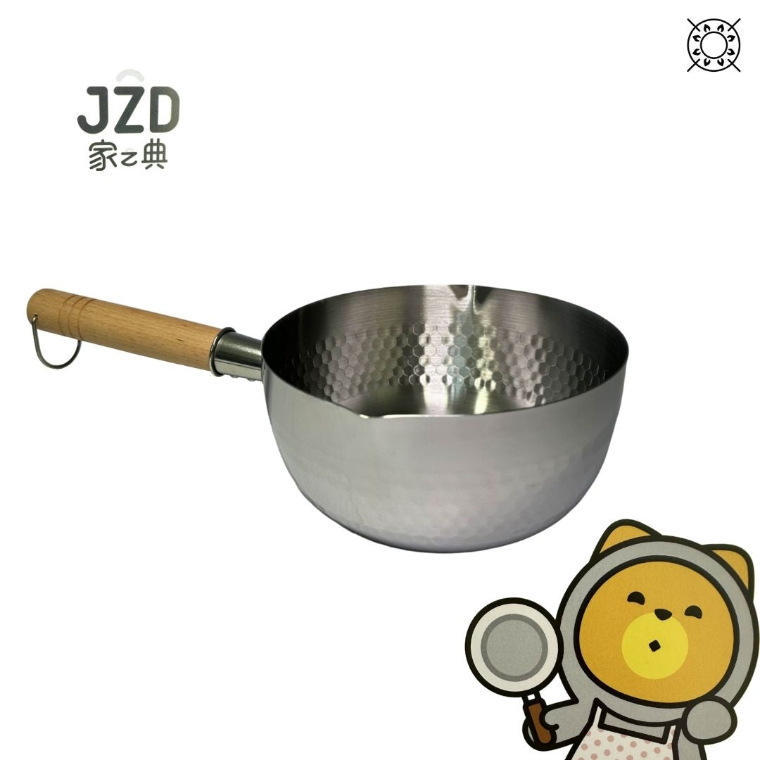 Japanese saucepan with a textured honeycomb design and two side spouts for easy pouring, displayed against a neutral background with a bear logo.