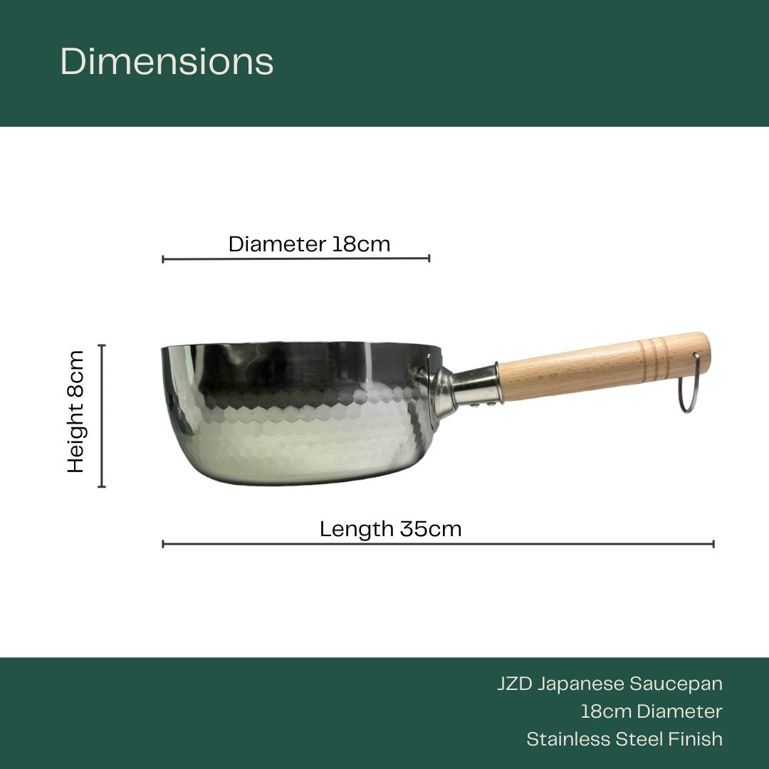 JZD Japanese Saucepan (18cm) with product specifications: 35cm length, 18cm diameter and 8cm height.