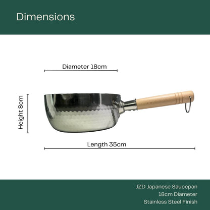 JZD Japanese Saucepan (18cm) with product specifications: 35cm length, 18cm diameter and 8cm height.