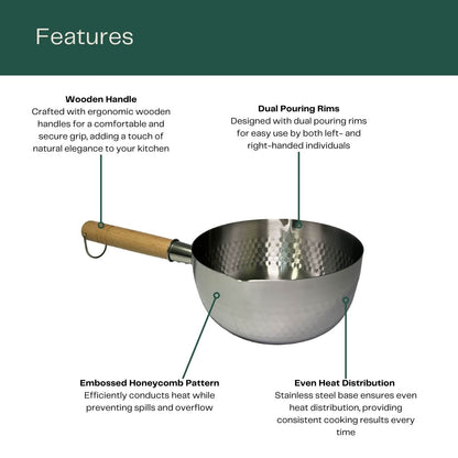 JZD Japanese Saucepan (18cm) features: a Wooden Handle, Dual Pouring Rims, Embossed Honeycomb Pattern and Even Heat Distribution.