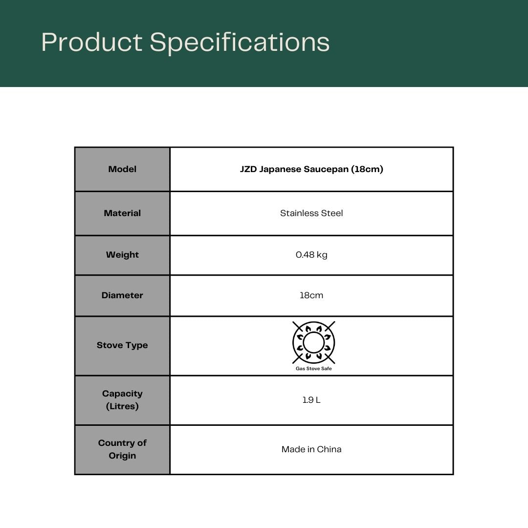 JZD Japanese Saucepan 18cm table of product specifications including model, material, weight, diameter, stove type, capacity and country of origin. 