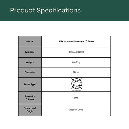JZD Japanese Saucepan 18cm table of product specifications including model, material, weight, diameter, stove type, capacity and country of origin. 