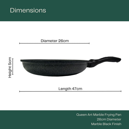 Queen Art Marble Frying Pan 26cm with product specifications: 47cm length, 26cm diameter and 5cm height.